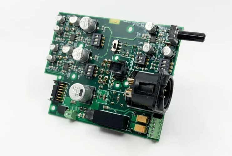 A two-channel talkback unit circuit board, without its enclosure